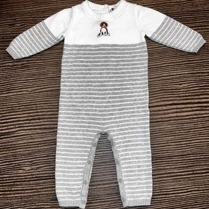 Janie and Jack Boys GRY/WHT Stripe 1-piece Sweater with Dog Embroidery 6-12mos